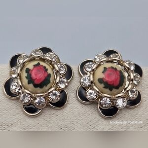 Rose Porcelain Floral Stud Earrings Handmade Black Enamel Vintage 1970s Gold